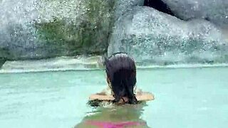 hot monika fox pink bikini pool swim public strut