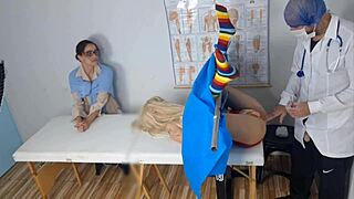 Skinny redhead mommy takes step-sis to kinky gyno for pussy massage creampie dirty talk