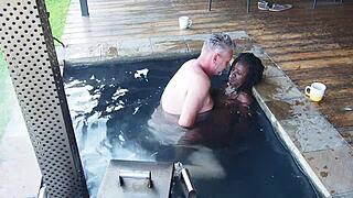 Juicy ebony secretary rips clothes for sloppy boss fuck in steamy jacuzzi