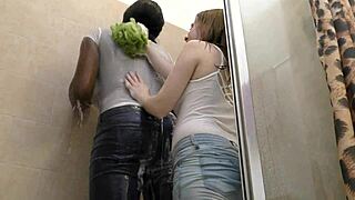 Ebony milf's wet shower ass play with white cock interracial mess!