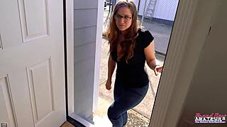 nerdy brunette kay lee deepthroats juicy cock then gets assfucked to swallow