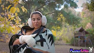 Brunette milf lena the plug strips to reveal big tits outdoors