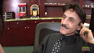 Brunette milf gives boss sloppy deepthroat blowjob for raise