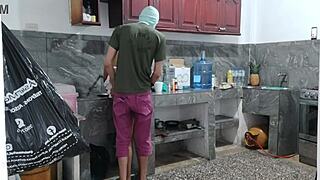 busty maid's kitchen masturbation simmers beneath dinner prep