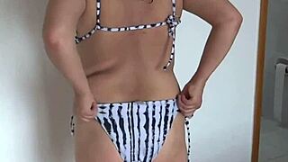 Stepson unloads three times in stepmom's hairy beach pussy