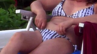 Stepson unloads three times in stepmom's hairy beach pussy