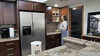Hot stepmom teases stepson with bra panties in kitchen