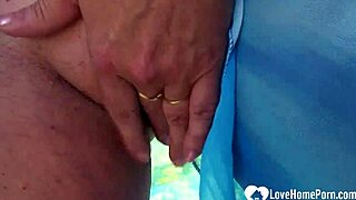 close-up busty milf fingers shaved pussy outdoors homemade tease