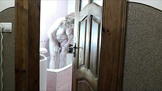 sexy blonde naked in bathroom, roommate watches and jerks off cumshot