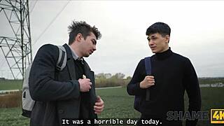 Horny Mrs principal joins mmf threesome car stockings shaved pussy natural tits