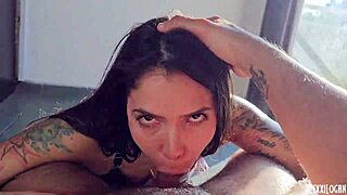 horny petite 18+ kneels sloppy blowjob cum swallow brunette colombian homemade pov