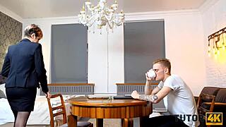 russian cougar tutor in stockings nailed missionary by teen stud