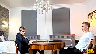 russian cougar tutor in stockings nailed missionary by teen stud