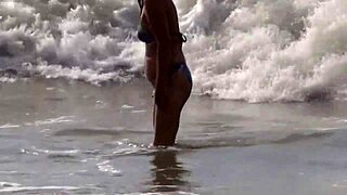 stepmom flashes hairy pussy on beach fingers herself till stepson cums inside