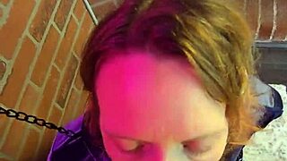 Chained milf on knees gags deepthroat face fucked cum covered