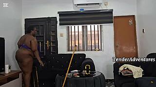 chubby ebony milf shakes huge ass during naked chores