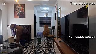 chubby ebony milf shakes huge ass during naked chores