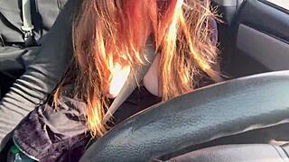 Sexy Italian milf Artemisia flashes big juicy tits nipples streets car ride