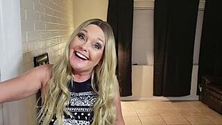 Blonde housewife in lingerie bends over for creampie doggy with dirty talk