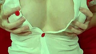 blonde beauty in see-through dress teases her massive bouncing tits up close homemade fun