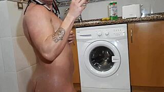 my muscular big ass milf wife squirts pussy creampie while bathing huge tits in warm milk