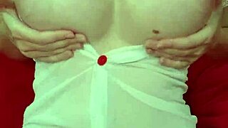 blonde beauty in see-through dress teases her massive bouncing tits up close homemade fun