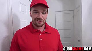 hubby stares as wife takes pizza guy's cock deep and hard