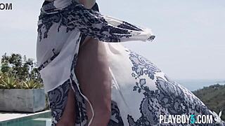 Two petite milf bombshells strip outdoors playboy-style together.