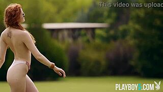 Two petite milf bombshells strip outdoors playboy-style together.