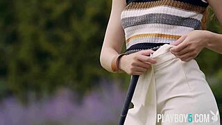 Two petite milf bombshells strip outdoors playboy-style together.