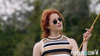 Two petite milf bombshells strip outdoors playboy-style together.