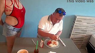 naked curvy waitress serves from navel to restaurant guest backstage teaser