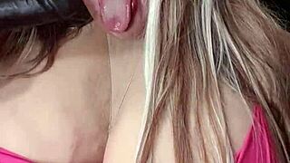 susi's huge boobs burst from red dress while sucking bbc toy deep