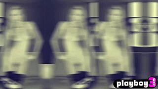 Blonde milf strips after petite babe's sexy playboy pose