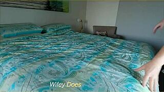 wife fingers her shaved pussy on bed so naughty and wet now