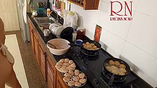nudist housewife regina noir strips naked cooking as kitchen maid solo