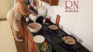 nudist housewife regina noir strips naked cooking as kitchen maid solo