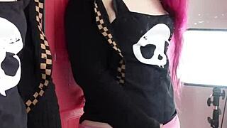 Redhead Tranny Pinky strokes monster cock mirror cumshot