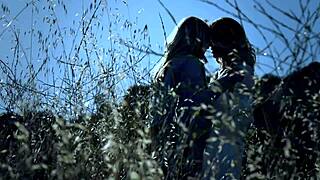 Two blondes fuck hard outdoors in lingerie and heels