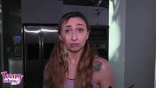 student nina bends over using her pierced nipples and trimmed pussy to ace college project