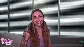 student nina bends over using her pierced nipples and trimmed pussy to ace college project