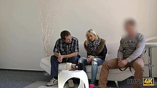 Boy cashes in as girlfriend fucks mature neighbor!