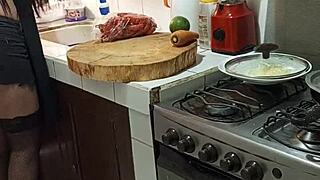 horny latina ebony milf masturbates big ass pussy in kitchen before creampie dinner. brunette prostitute vibes build to wild sex