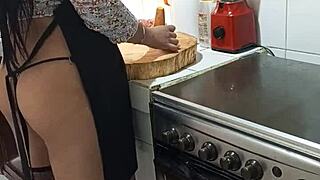 horny latina ebony milf masturbates big ass pussy in kitchen before creampie dinner. brunette prostitute vibes build to wild sex