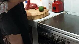 horny latina ebony milf masturbates big ass pussy in kitchen before creampie dinner. brunette prostitute vibes build to wild sex