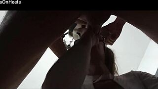 milf quickie blowjob ends huge cum explosion mouth swallow glasses