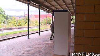 blonde milf in heels fingers handjobs big cock outdoors orgasm