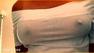 wife's braless wet shirt reveals horny huge tits