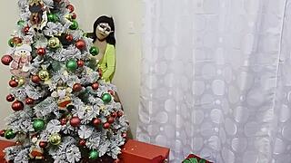 Curvy Stepmom Fucks Stepsons as Busty Stepdaughter Peeks at Christmas