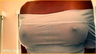wife's braless wet shirt reveals horny huge tits